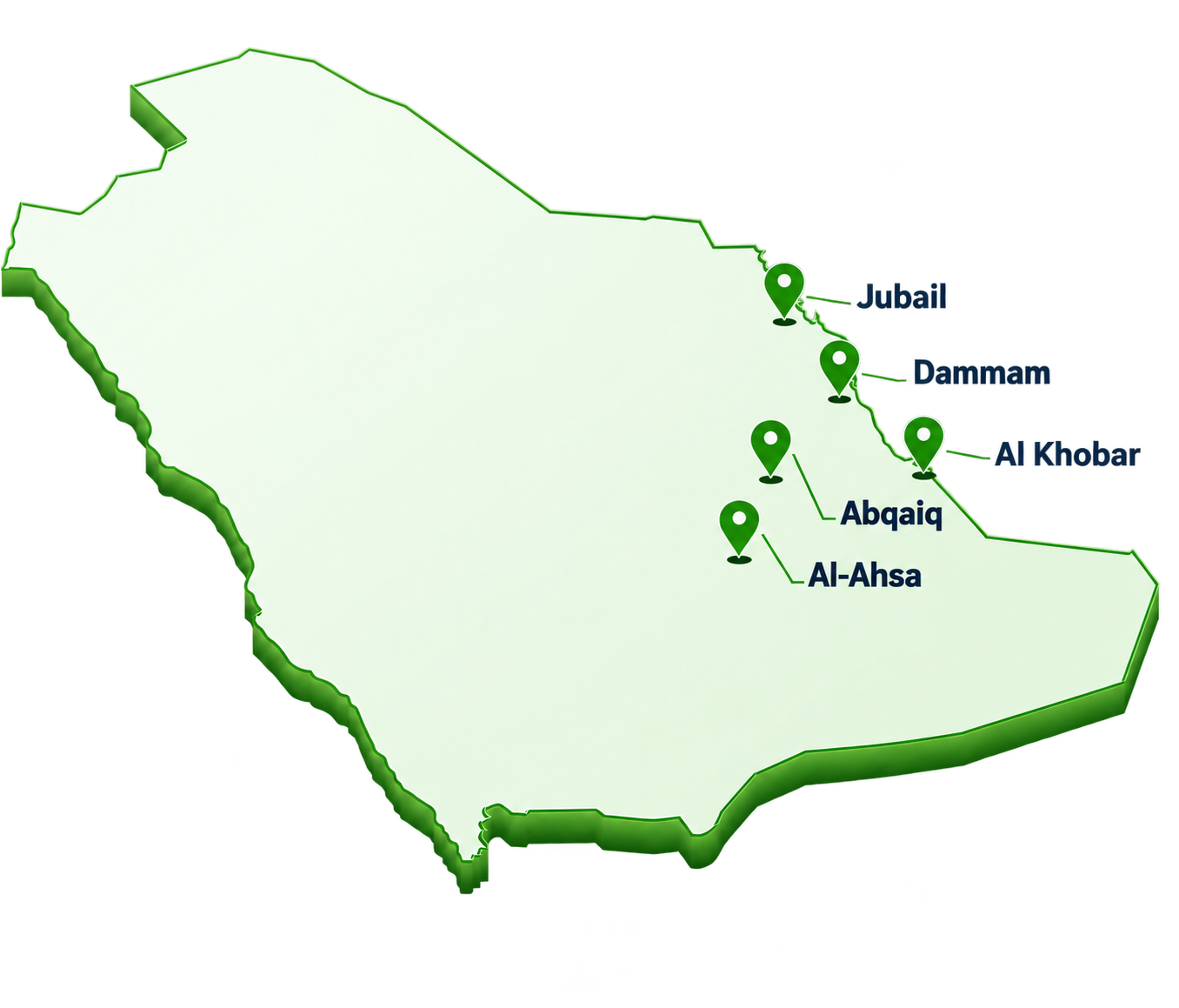Almoosa Health map of Saudi Arabia, showing Al-Ahsa, Abqaiq, Al Khobar, Dammam and Jubail