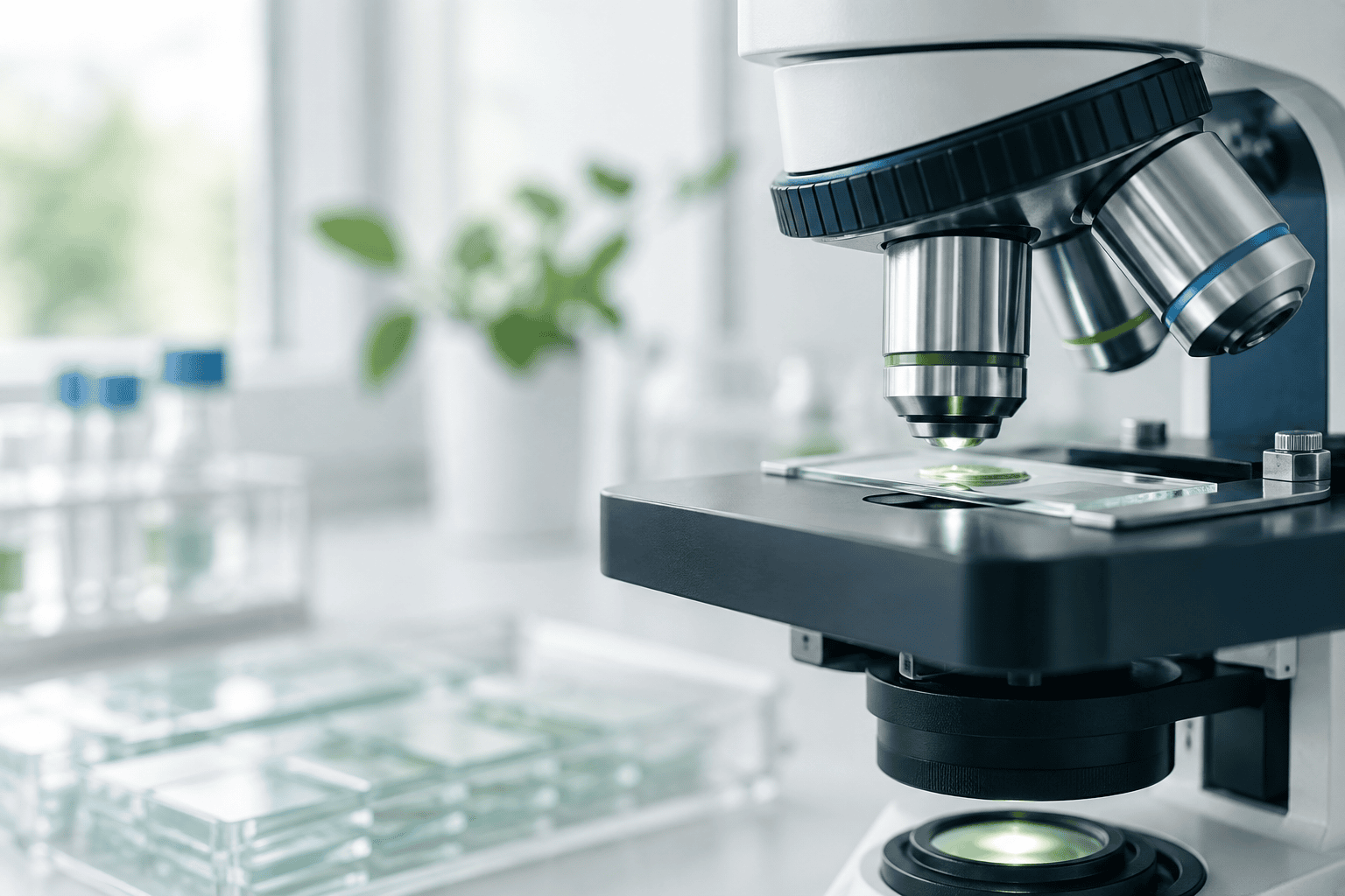 Illustrative close-up of a microscope in a bright research workspace