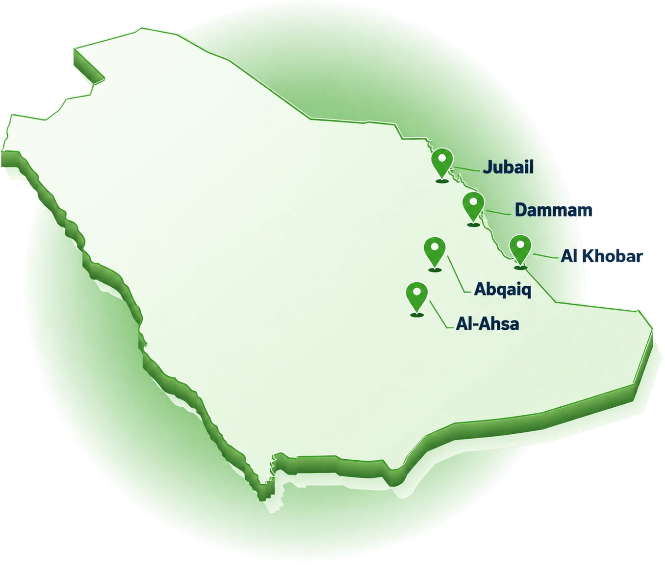 Almoosa Health map of Saudi Arabia, showing Al-Ahsa, Abqaiq, Al Khobar, Dammam and Jubail